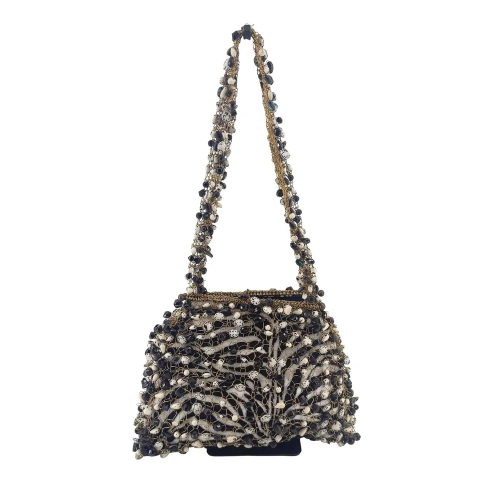 La Chica Chic Brazil Zebra Print Beaded Wire Mesh Shoulder Bag Black White Gold